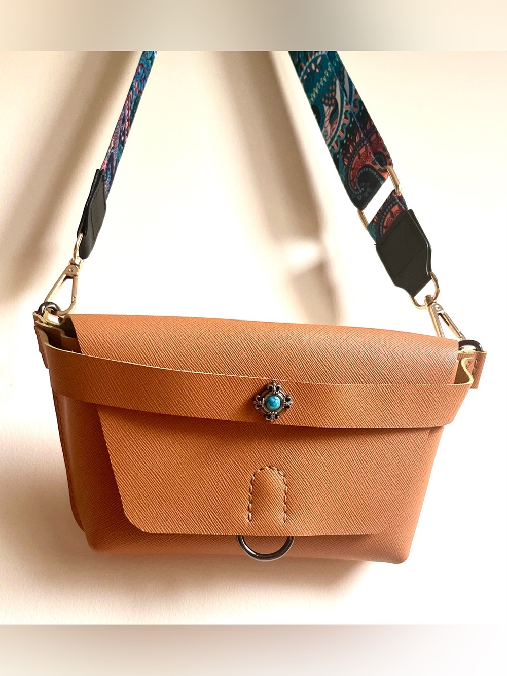 Mustard Yellow Leather Crossbody Bag with Turquoise Accent